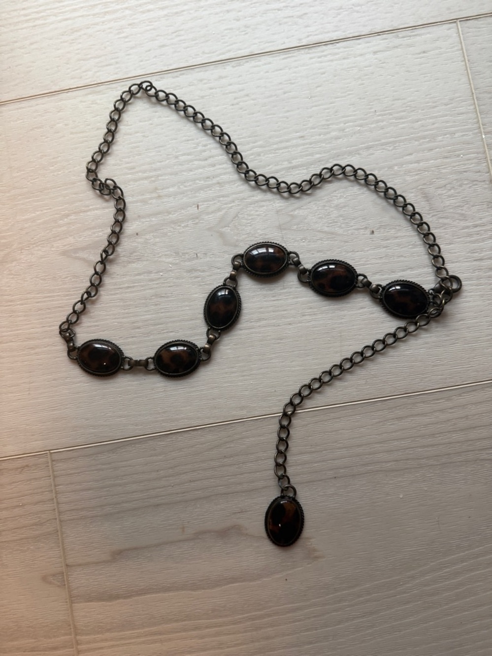 Vintage Retro Boho Faux Tiger Eye Cabochon  Link Statement Chain Belt / Necklace